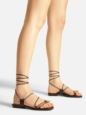 Arezzo Siena Black Square Toe Lace-Up Flat Sandal Gold Pebble Hardware | Size 7